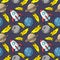 A space rocket, round planets and the moon, a yellow comet. seamless square space pattern