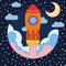 Space rocket ship in round piece with Moon and clouds. Space rocket launch. Project startup and development process concept.
