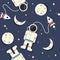 Space rockets, astronauts, moon and stars, colorful seamless pattern