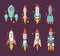 Space rockets set. Modern star ships various shapes heavy multistage cargo research stations passenger with three