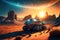 Space rover on alien planet surface, futuristic vehicle at sunset, generative AI
