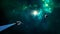 Space scene. Blue and green nebula with planet and spaceship. Elements furnished by NASA. 3D rendering