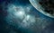 Space scene. Blue nebula with planet. Elements furnished by NASA