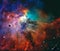 Space scene. Colorful nebula with planet, spaceship and asteroid