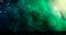 Space scene. Green and blue nebula with land silhouette and tree