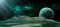 Space scene. Green nebula with planet, spaceships and meteorits. Elements furnished by NASA. 3D rendering