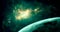 Space scene. Green nebula with two planet. Elements furnished by