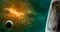 Space scene. Green and orange nebula with planets. Elements furn