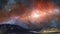 Space scene. Milky way in colorful nebula above mountain with lake and glacier. Elements furnished by NASA. 3D rendering