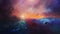 Space scene. Two small spaceship fly in colorful nebula with planet. Elements furnished by NASA. 3D rendering