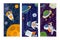 Space science, man in universe galaxy banner vector illustration. Rocket technology, star, astronomy card set.