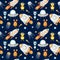 Space Seamless pattern with Astronaut, cosmonaut, Space rocket, Flying saucer UFO, Spaceship, alien, Unidentified flying