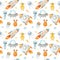 Space Seamless pattern with Astronaut, cosmonaut, Space rocket, Flying saucer UFO, Spaceship, alien, Unidentified flying