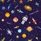 Space seamless pattern background, alien spaceman, robot rocket and satellite cubes solar system planets pixel art