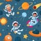 Space seamless pattern. Cosmic objects and little astronauts, cute children in spacesuits, alien and ufo on blue