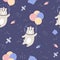 Space seamless pattern. Cute astronaut bear with balloons, stars and meteorites on dark blue background. Vector