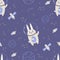 Space seamless pattern. Cute astronaut rabbit with planets, stars and meteorites on dark blue background. Vector