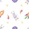 space seamless pattern. cute pattern with cartoon bunny astronaut. comets, spaceship, meteorites, galaxy, planets