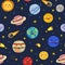 Space seamless pattern with cute planet characters. Earth, Jupiter, Saturn, Venus