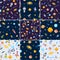 Space seamless pattern set background, alien spaceman, robot rocket and satellite cubes solar system planets pixel art