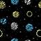 Space seamless vector pattern on a dark background with yellow, blue and white planets and stars. for printing on fabric