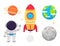 Space set astronaut in suit, rockets and planets on white background