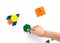 The space ship flies into space to another new planet. Summer happy atmosphere. A child plays with colored blocks