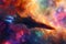 A space ship navigates through a vibrant and multi-hued galaxy, A spaceship cruising through a colorful nebula in deepest space,