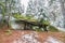 Space ship rock near Thurmansbang megalith granite rock formation in winter in bavarian forest, Germany