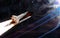 Space shuttle on background of habitable deep space planet