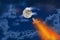 Space Shuttle flying to the moon in a starry and cloudy night. Red and orange fuel. Artistic impression.