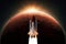 Space shuttle rocket with blast takes off to the red planet mars with dawn rays light. Successful launch of the spacecraft. Space