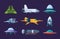 Space shuttles. Rockets and alien ufo jet shuttle universe flying futuristic planers garish vector flat collection