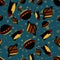 Space: space rockets, flying saucers, planets on the dark blue background. Seamless pattern.