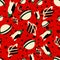 Space: space rockets, flying saucers, planets on the red background. Seamless pattern.