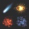 Space stars, comet and explosion on transparence checkered background