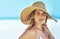 Space, summer and portrait of woman at beach for travel vacation, tropical and relax mockup. Wellness, nature and