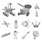 Space technology monochrome icons in set collection for design. Spacecraft and equipment vector symbol stock web