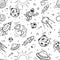 Space texture with planets, stars, spaceships. vector seamless doodle pattern