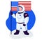 Space tourist cartoon vector illustration - Happy smiling American space tourist in space suit on the moon