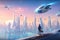 space tourist exploring futuristic city, with towering skyscrapers and flying cars