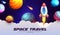 Space travel cartoon galaxy landscape with rocket