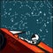 Space vector poster. Starman in space suit red electric car in open space. Hand drawn retro illustration astronaut