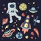 Space vector set. Rocket, space station, astronaut in spacesuit, planets, and other elements on the space theme.