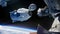 Space vehicle capsule orbiting the earth orbit cosmos. Preparing of docking into space station. Elements of this image furnished