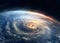 Space view of the eye of a gigantic hurricane, swirling above the Earth