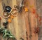 Space of a wooden table framed by spices. View from above. Photo image