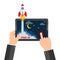 The spacecraft crashes outside tablet screen. Vector illustration. Concept of business start-up.