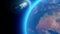 Spacecraft, crew carrier orbital capsule. Orbit around the Earth. Satellite view of the Earth