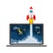 The spacecraft and laptop - concept of business start-up. Vector Illustration.